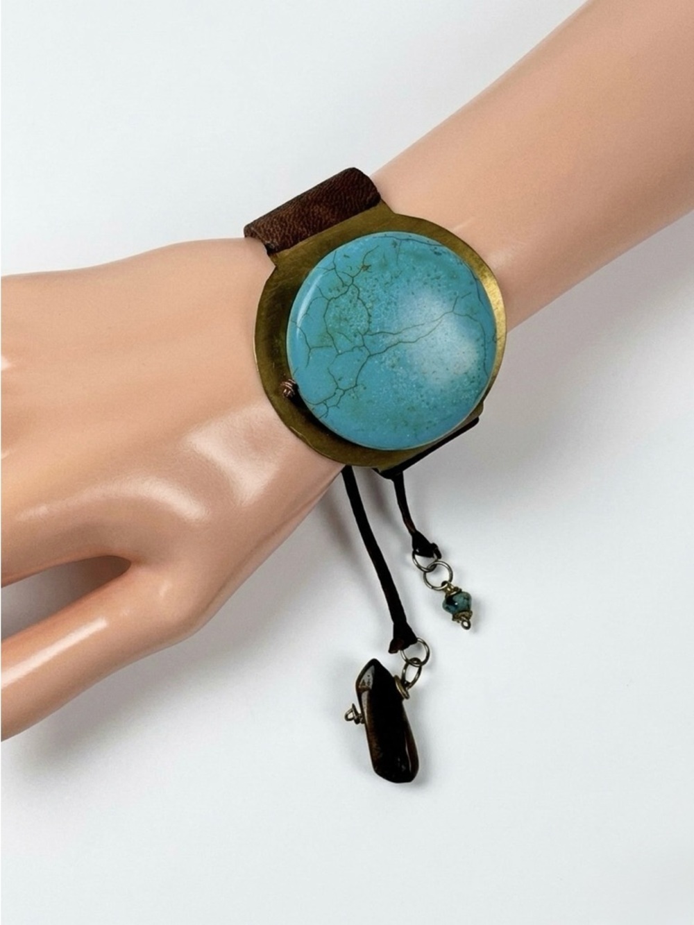 VTG Handmade Turquoise Bracelet Leather Tassel Boho Western Gemstone Geometric